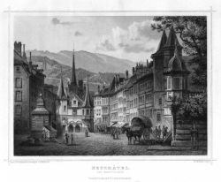 Stahlstich Neuchatel Marktplatz