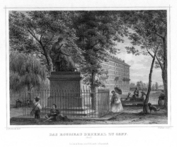 Stahlstich das Rousseau Denkmal zu Genf